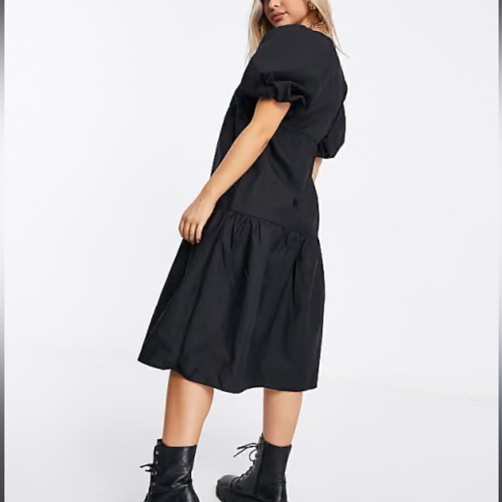 Roller Rabbit Puff Sleeve Cotton Silk Midi Dress In Black Size S